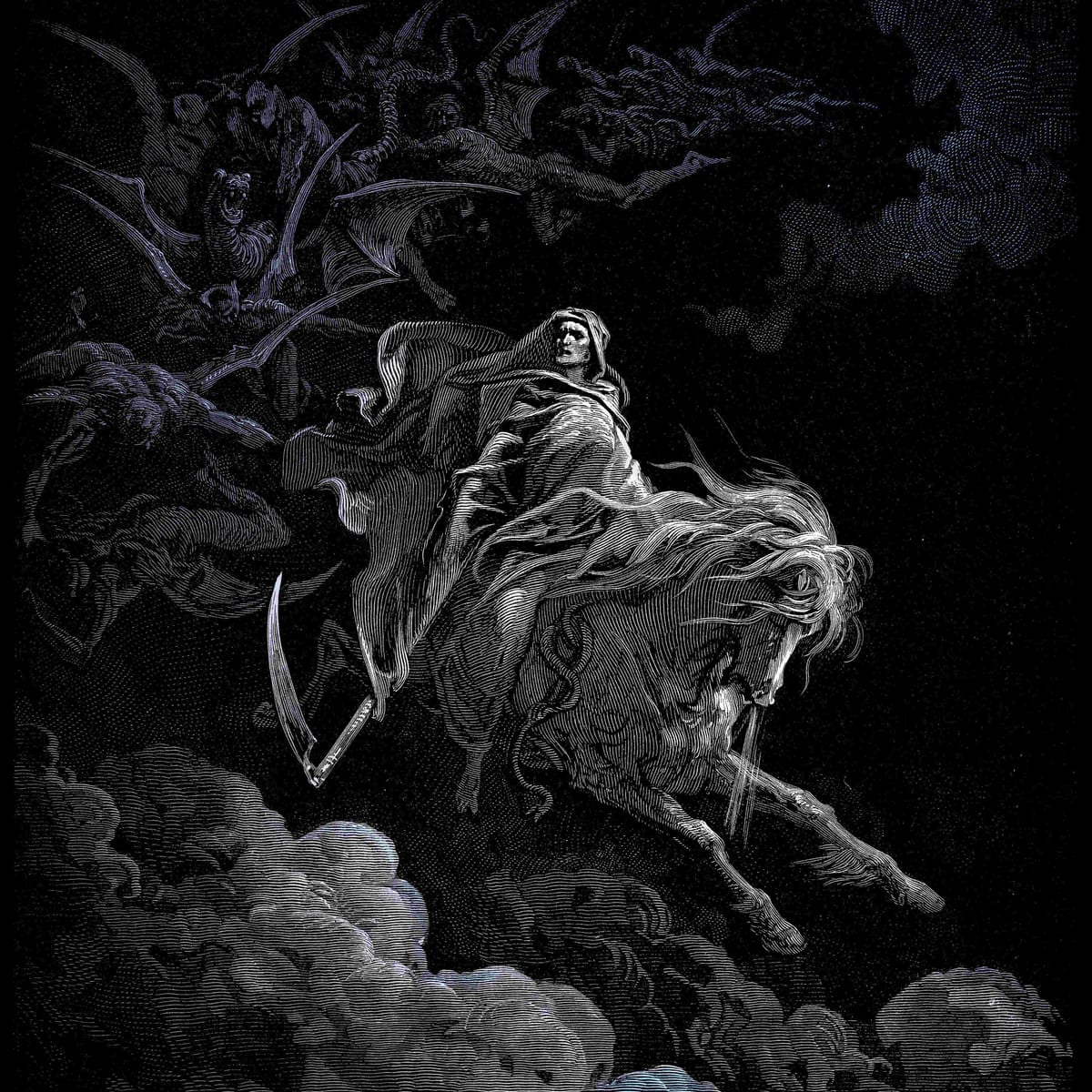 Dark engraving of Death on horseback, surrounded by flying creatures in stormy sky