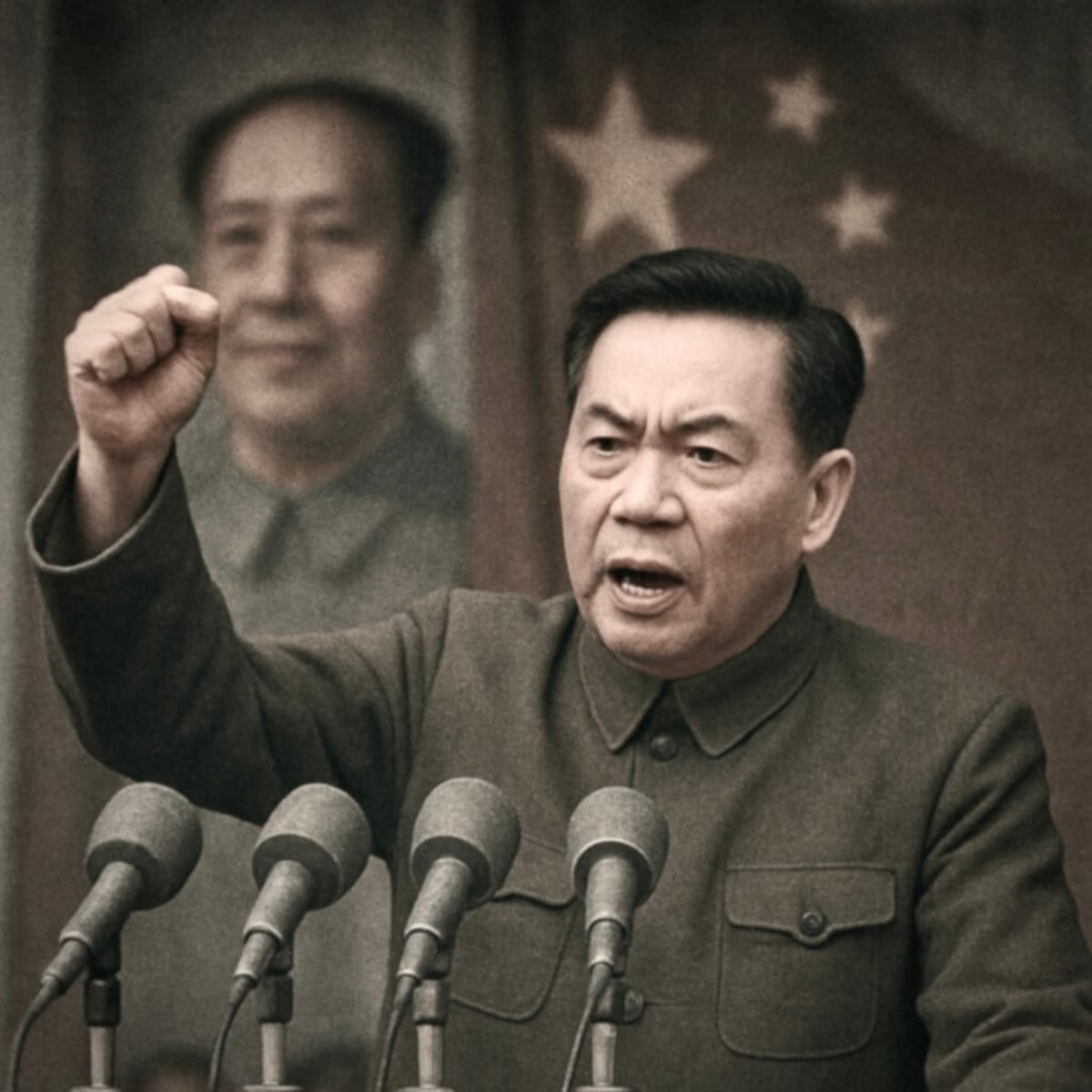 Chinese official delivering a speech with raised fist, microphones, and faded Mao portrait
