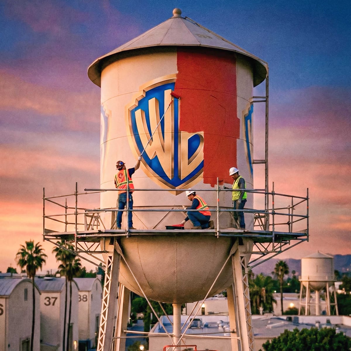 Construction crew painting over Warner Bros. logo with red paint