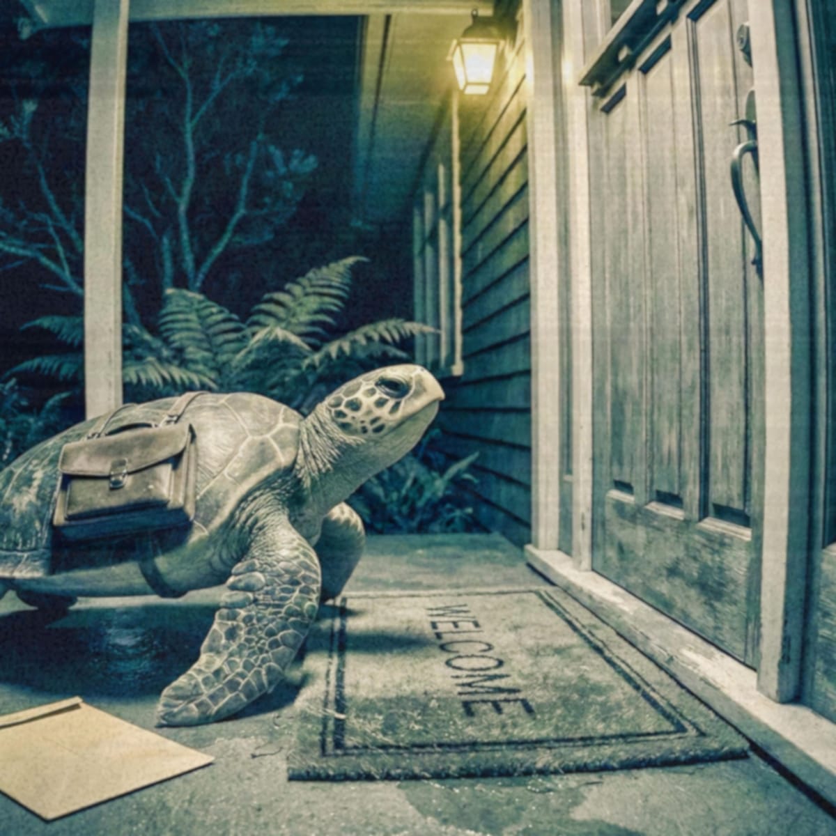 Sea turtle wearing briefcase stands on doorstep with envelope nearby
