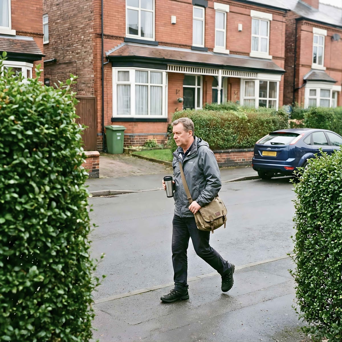 Man walking with coffee and satchel on quiet residential street