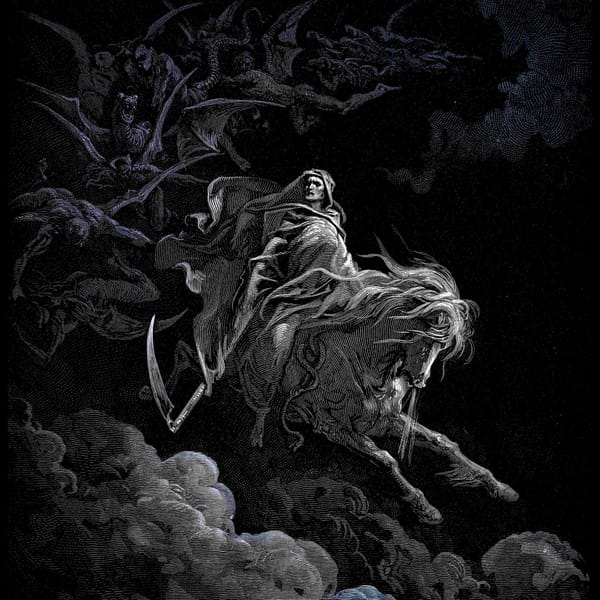 Dark engraving of Death on horseback, surrounded by flying creatures in stormy sky