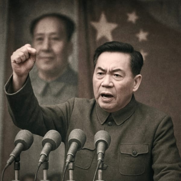 Chinese official delivering a speech with raised fist, microphones, and faded Mao portrait