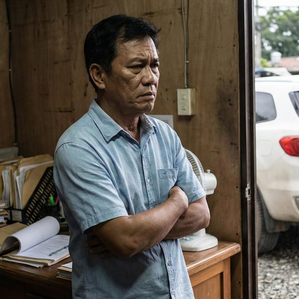 Middle-aged man with arms crossed in cluttered provincial contractor's office