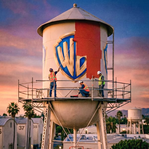 Construction crew painting over Warner Bros. logo with red paint