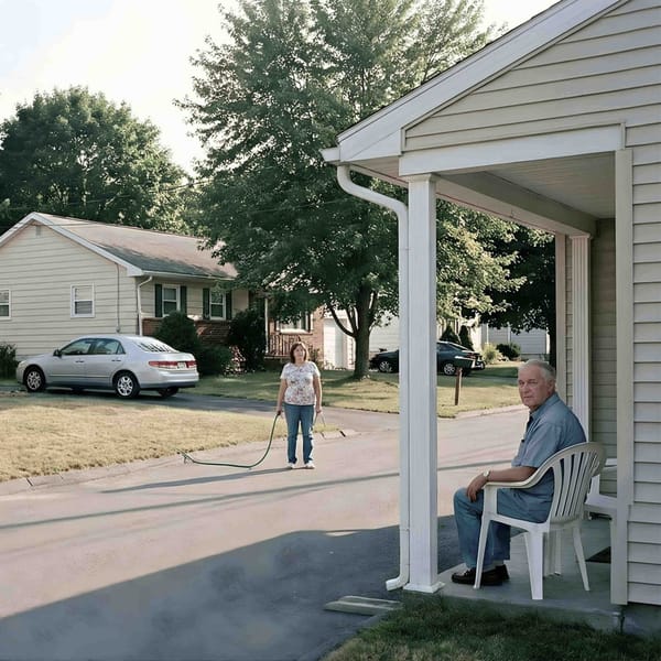 Quiet suburban street with homes, parked car, and distant neighbors