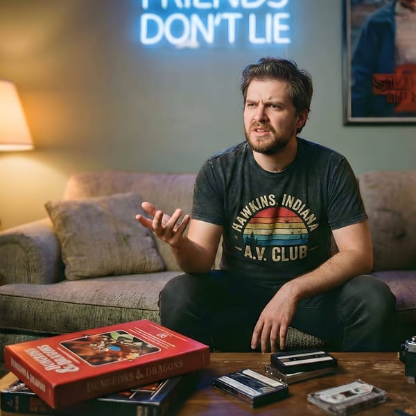 Man in Hawkins AV Club shirt gesturing in memorabilia-filled room