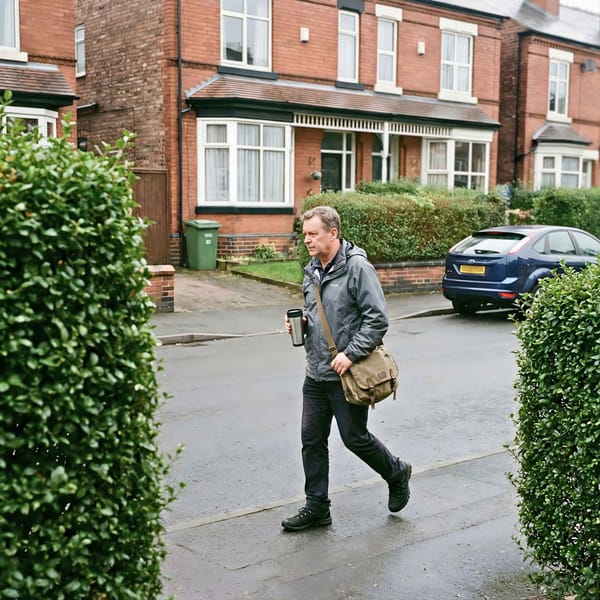 Man walking with coffee and satchel on quiet residential street
