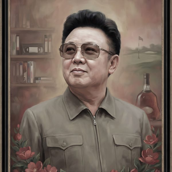 Oil painting portrait of Kim Jong Il in khaki jumpsuit and tinted glasses, framed with red flowers